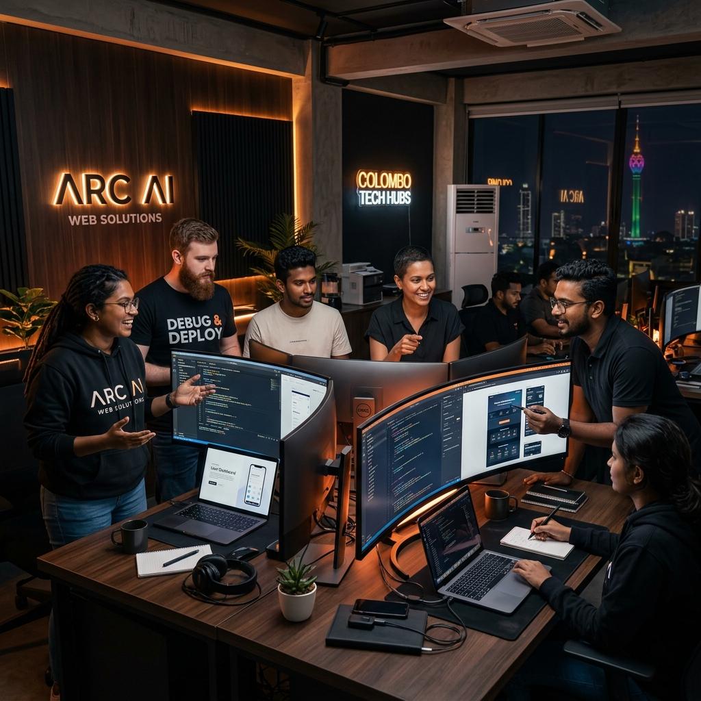 A team of elite web designers and software engineers collaborating in a high-end Colombo studio