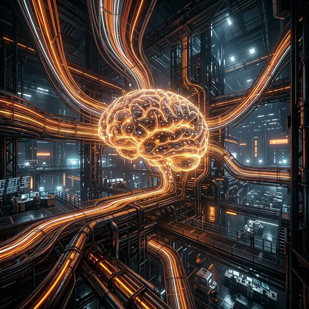 Futuristic glowing AI semantic reasoning network over corporate data flows